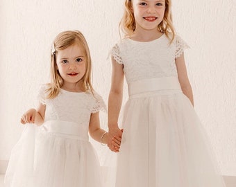 Flower Girl Dress Ivory Lace and Tulle Flower Girl Bridesmaid Christening Communion Dress with Colour sash Express Delivery