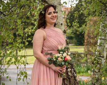 Long Dusky Pink One Shoulder Grecian Style Bridesmaid Prom Dress available in 35+ colours sizes 4-32