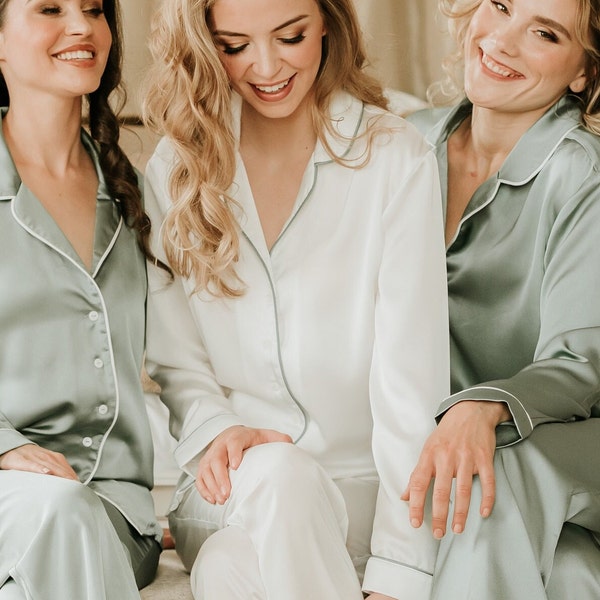 White and Sage Green Personalised Wedding Bridal and Bridesmaid Pyjamas Women’s Sage Green Pyjamas Women’s Gift Bridal party and Bridal Gift