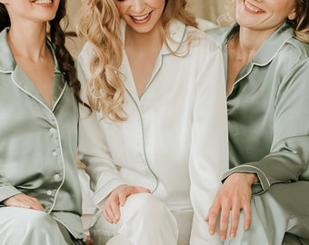 White and Sage Green Personalised Wedding Bridal and Bridesmaid Pyjamas Women’s Sage Green Pyjamas Women’s Gift Bridal party and Bridal Gift