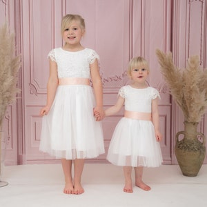 Flower Girl Dress White Lace and Tulle Flower Girl Bridesmaid Christening Communion Dress with Free Colour Sash age 1-13 Express Delivery image 4