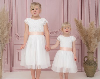 White Lace and Tulle Age 1 Flower Girl Bridesmaid Christening Communion Dress with Colour sash all sizes available