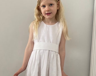 Linen Girl's Dress - Flower Girl Bridesmaid Christening Communion Dress available to add Colour Sash age 1-13 Express Delivery