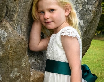 Dark Green Sash Belt for Dress for Flower Girl, Junior Bridesmaid, Colour Sash in 40 colours, Forest green Wedding Christening Girl's Dress