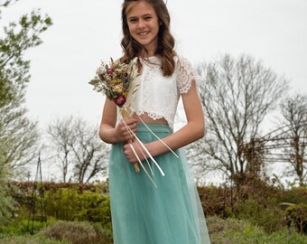 Junior Bridesmaid Set- Long Tulle Skirt available in 35+ colours and Lace Top with cap sleeves-  ages 6-16 and custom sizes