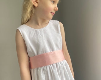 Linen Girl's Dress - Flower Girl Bridesmaid Christening Communion Dress with Free Colour Sash age 1-13 Express Delivery