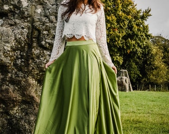 Coloured Bridal Skirt Olive Long Satin Bridal and Bridesmaid Skirt, Full Length Wedding Skirt available in 40 colours, sizes 4-32 and custom