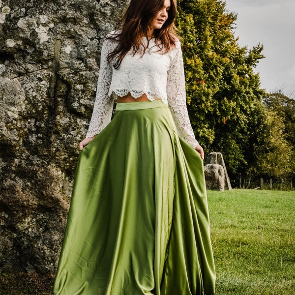 Coloured Bridal Skirt Olive Long Satin Bridal and Bridesmaid Skirt, Full Length Wedding Skirt available in 40 colours, sizes 4-32 and custom