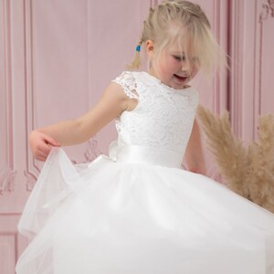 Flower Girl Dress White Lace and Tulle Flower Girl Bridesmaid Christening Communion Dress with Free Colour Sash age 1-13 Express Delivery image 2