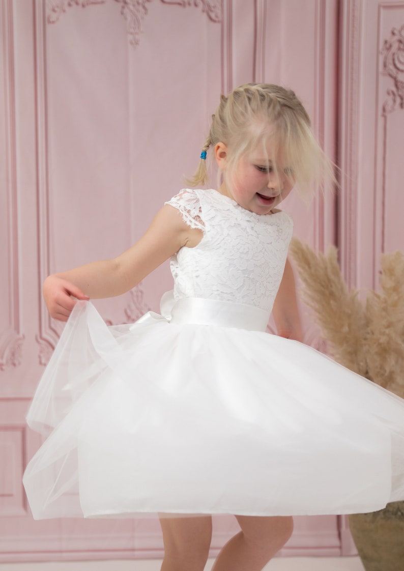 Flower Girl Dress White Lace and Tulle Flower Girl Bridesmaid Christening Communion Dress with Free Colour Sash age 1-13 Express Delivery image 2