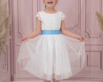 Flower Girl Dress - White Lace and Tulle Flower Girl Bridesmaid Christening Communion Dress with Free Colour Sash age 1-13 Express Delivery