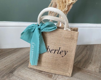 Personalised Jute Burlap Bridesmaid, Flower Girl, Bridal Party, Hen party Gift Bag, Wedding Bag with Personalised Ribbon in 36+ colours