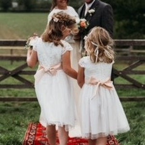 Flower Girl Dress White Lace and Tulle Flower Girl Bridesmaid Christening Communion Dress with Free Colour Sash age 1-13 Express Delivery image 8