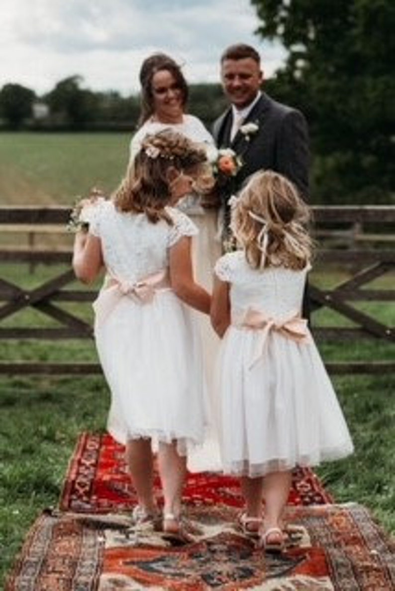 Flower Girl Dress White Lace and Tulle Flower Girl Bridesmaid Christening Communion Dress with Free Colour Sash age 1-13 Express Delivery image 8