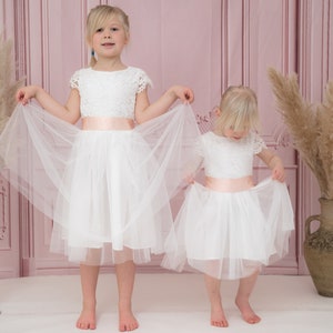 Flower Girl Dress White Lace and Tulle Flower Girl Bridesmaid Christening Communion Dress with Free Colour Sash age 1-13 Express Delivery image 5