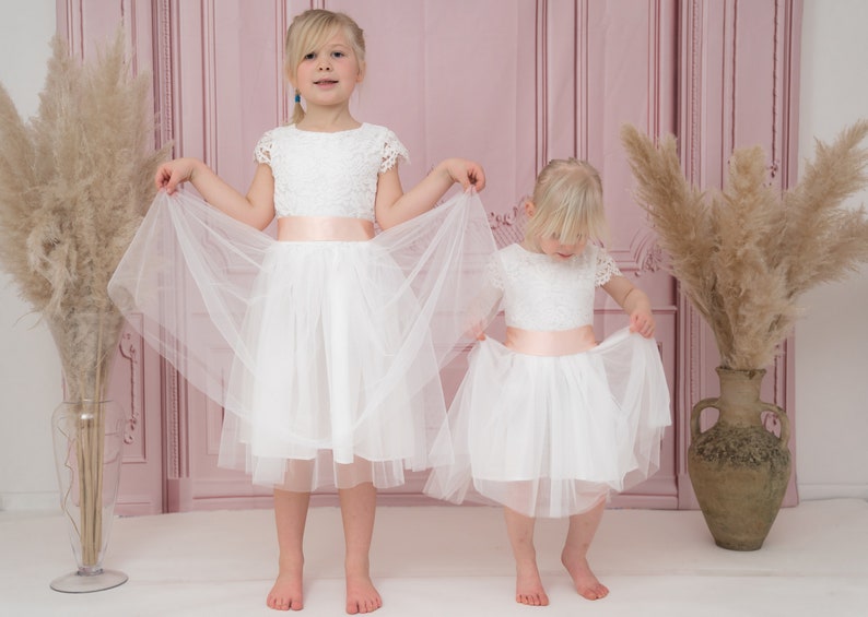 Flower Girl Dress White Lace and Tulle Flower Girl Bridesmaid Christening Communion Dress with Free Colour Sash age 1-13 Express Delivery image 5