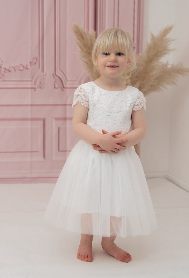 Flower Girl Dress White Lace and Tulle Flower Girl Bridesmaid Christening Communion Dress with Free Colour Sash age 1-13 Express Delivery image 3