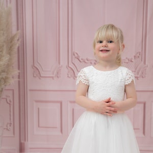 Flower Girl Dress White Lace and Tulle Flower Girl Bridesmaid Christening Communion Dress with Free Colour Sash age 1-13 Express Delivery image 7