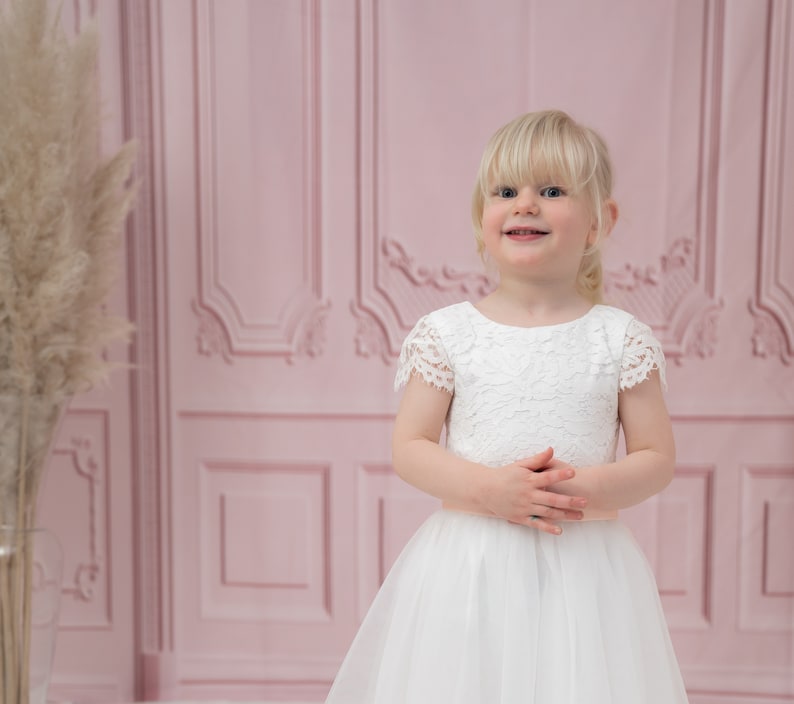 Flower Girl Dress White Lace and Tulle Flower Girl Bridesmaid Christening Communion Dress with Free Colour Sash age 1-13 Express Delivery image 7