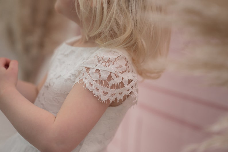 Flower Girl Dress White Lace and Tulle Flower Girl Bridesmaid Christening Communion Dress with Free Colour Sash age 1-13 Express Delivery image 6