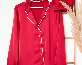 Ruby Red with White Piping Personalised Pyjamas Women's Pyjamas Women’s Gift Bridesmaid and Bridal Christmas Gift Personalised Pyjama Gift