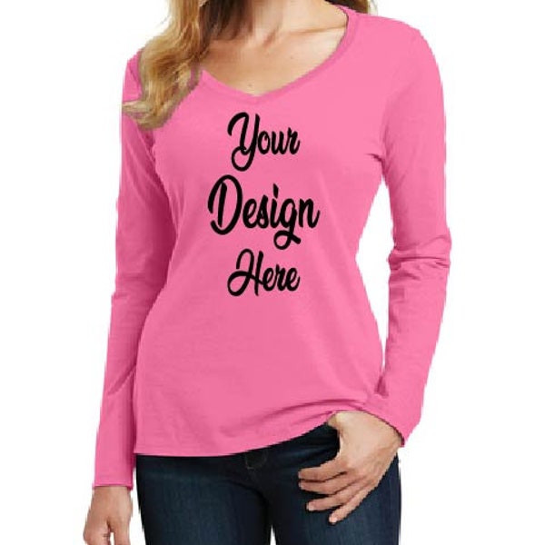 Women's Custom Printed Long Sleeve V-Neck Tee