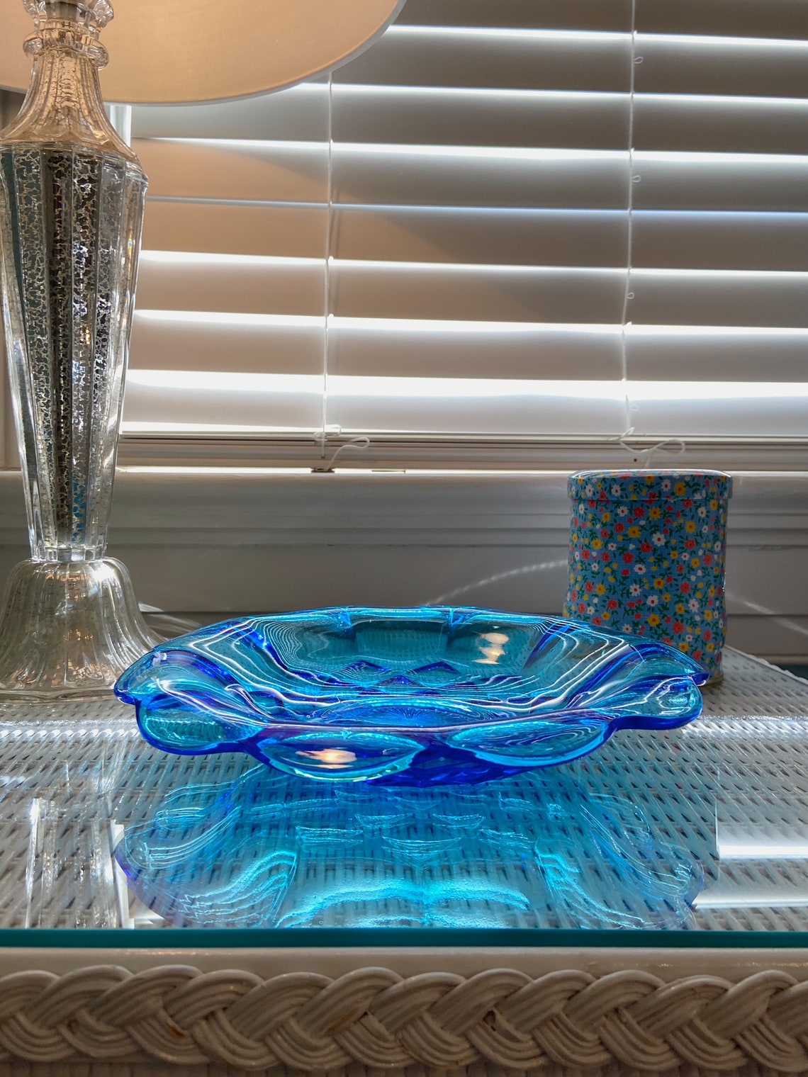 Vintage Blue Crystal Flower Bowl Etsy