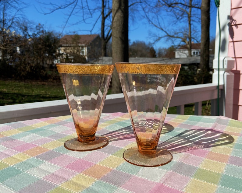 set of 2 Pink Depression Glass Footed Tumbler with Gold Rose Trim