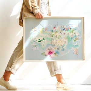 Ilustración de mapa de acuarela pintada a mano en azul profundo de Key Biscayne personalizable - Arte de pared con impresión de papel mate