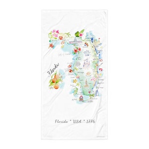 Florida handgeschilderde aquarel illustratie strandlaken KAART. Aanpasbaar. Kaart van Florida