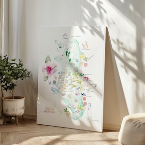 Mapa de Key Biscayne. Mapa pintado a mano por un artista. Mapa de Key Biscayne con ilustración en lienzo, arte mural moderno