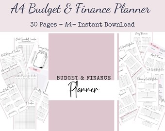 May include: A printable A4 budget and finance planner with 30 pages. The planner includes pages for tracking debt, savings, expenses, and monthly finances. The cover features a pink background with the text "BUDGET & FINANCE PLANNER" in black.