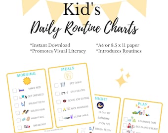 May include: A set of printable daily routine charts for kids. The charts are divided into four sections: Morning, Meals, Night, and Play. Each section has a checklist of activities with corresponding icons. The charts are designed to help children learn and follow a daily routine.