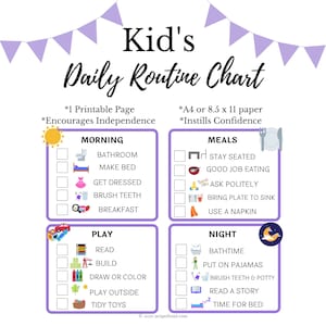 Puede incluir: Un gráfico de rutina diaria imprimible para niños con ilustraciones coloridas y casillas de verificación para cada tarea. El gráfico incluye secciones para la mañana, las comidas, el juego y la noche. El texto en el gráfico dice "Kid's Daily Routine Chart" y "*1 Printable Page *Encourages Independence *A4 or 8.5 x 11 paper *Instills Confidence".