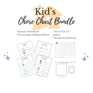 May include: A printable chore chart bundle for kids. The bundle includes four chore charts with colorful illustrations and checkboxes. The charts are titled "I can clean my room", "I can help in the bathroom", "I can help outside", and "I can help in the kitchen". The bundle also includes two blank weekly helper charts with space for stickers or drawings.