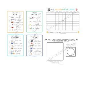 May include: A printable chore chart for kids with a weekly helper chart, a section for daily chores, and a space to draw a picture of helping. The chart includes sections for cleaning the room, bathroom, kitchen, and outside.