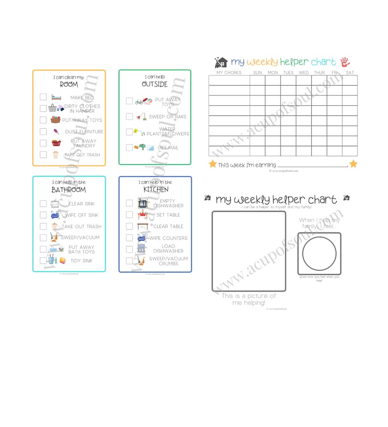 May include: A printable chore chart for kids with a weekly helper chart, a section for daily chores, and a space to draw a picture of helping. The chart includes sections for cleaning the room, bathroom, kitchen, and outside.