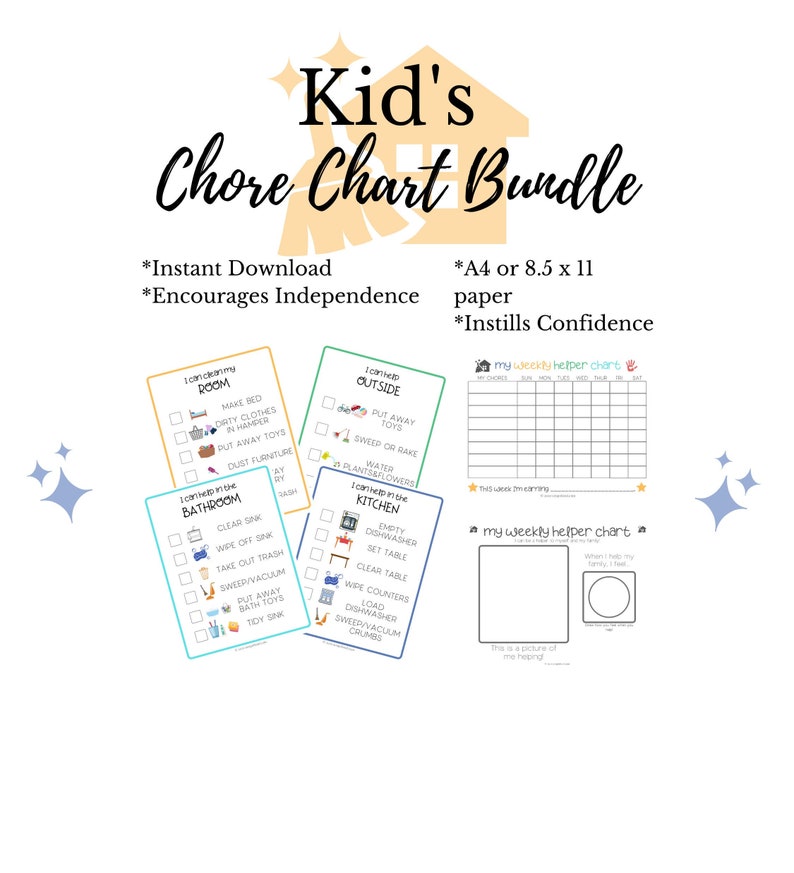 May include: A printable chore chart bundle for kids. The bundle includes four chore charts with colorful illustrations and checkboxes. The charts are titled "I can clean my room", "I can help in the bathroom", "I can help outside", and "I can help in the kitchen". The bundle also includes two blank weekly helper charts with space for stickers or drawings.