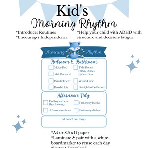 Puede incluir: Un gráfico imprimible azul y blanco titulado "Kid's Morning Rhythm" con una ilustración de zorro. El gráfico incluye secciones para tareas de la mañana y de la tarde, diseñadas para ayudar a los niños a establecer rutinas. El texto incluye "Descarga instantánea".
