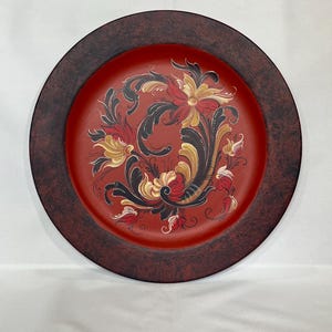 Decorative Wood Plate With Hand Painted Rosemaling. 13” Diameter