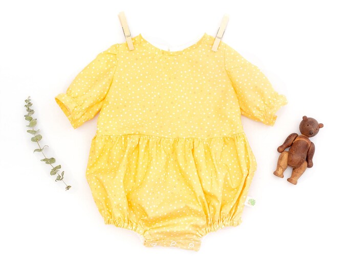 Handmade organic baby romper with 34 sleeve and ruffles 0-24 months girl clothing