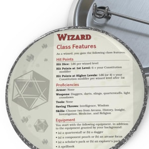 Wizard Class RPG Pin Button, Fantasy DnD Gamer Geek Accessory