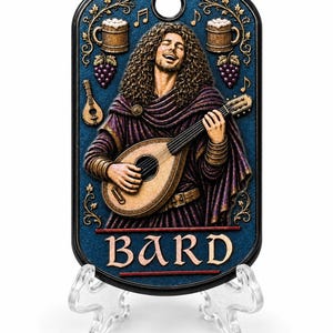May include: A blue plaque featuring a smiling bard playing a lute. The plaque has a decorative border with beer mugs, grapes, and musical notes. The word "BARD" is written in red across the bottom.