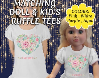 Cactus Heart • Matching Girl & Doll Ruffle T-Shirts w/18 inch Doll Tee • Birthdays • Holidays • Great Gift Idea • Pink•Aqua•Purple•White