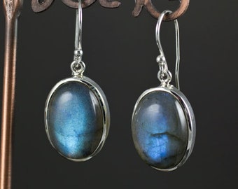 May include: A pair of silver dangle earrings with oval-shaped blue labradorite gemstones.