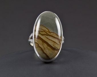 Picture Jasper Natural Gemstone Ring with Black Thread Filigree Frame