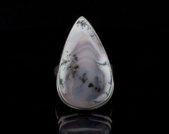 Può includere: Un anello a forma di lacrima con una montatura in argento e una pietra di agata dendritica bianca e grigia.