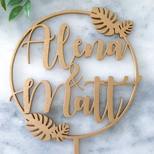 Custom Wedding Cake Topper | Wood Cake Topper | Personalized Cake Topper | Boho, Romantic, Tropical Cake Topper | Monstera Cake Topper