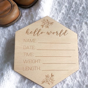 Panneau en bois pour faire-part de naissance | Faire-part de naissance| Signe de statistiques de naissance | Photo du nouveau-né | Bonjour tout le monde| Disque nominatif en bois