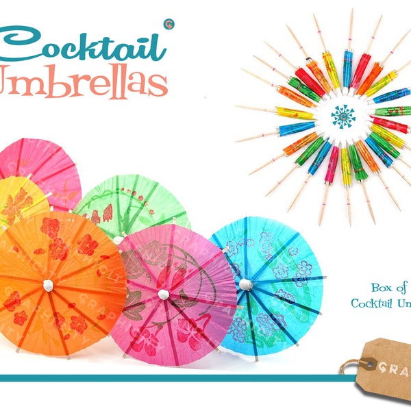 COCKTAIL Umbrellas Box of 24 For Garden Party • Tiki Bar • Retro Drinks Party • Tropical Party • Paper Umbrellas • 1 Box of 24